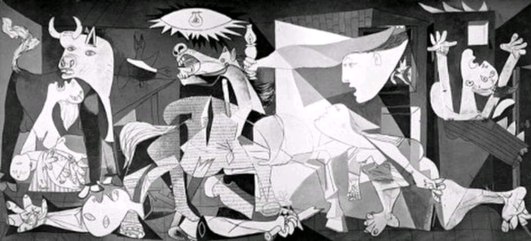 Lukisan "Guernica" (1937) karya Pablo Picasso, sebuah narasi visual monokromatik tentang penderitaan manusia akibat pemboman di kota Guernica.